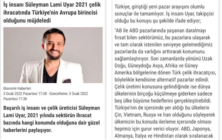 İş İnsanı Süleyman Lami Uyar 2021 çelik ihracatında Türkiye’nin Avrupa birincisi olduğunu müjdeledi.